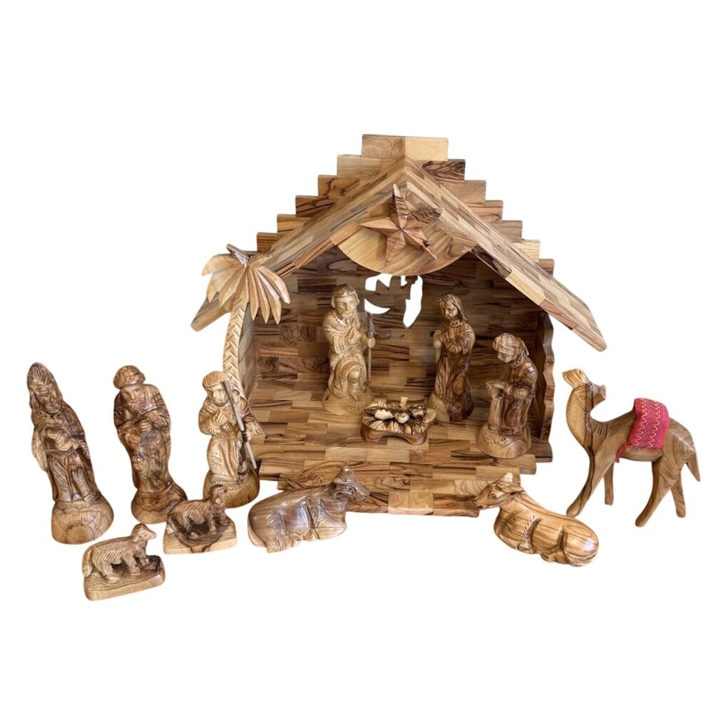 Bethlehem Handcrafts Olive Wood Musical Nativity Set (14 pcs) 10.75" Tall